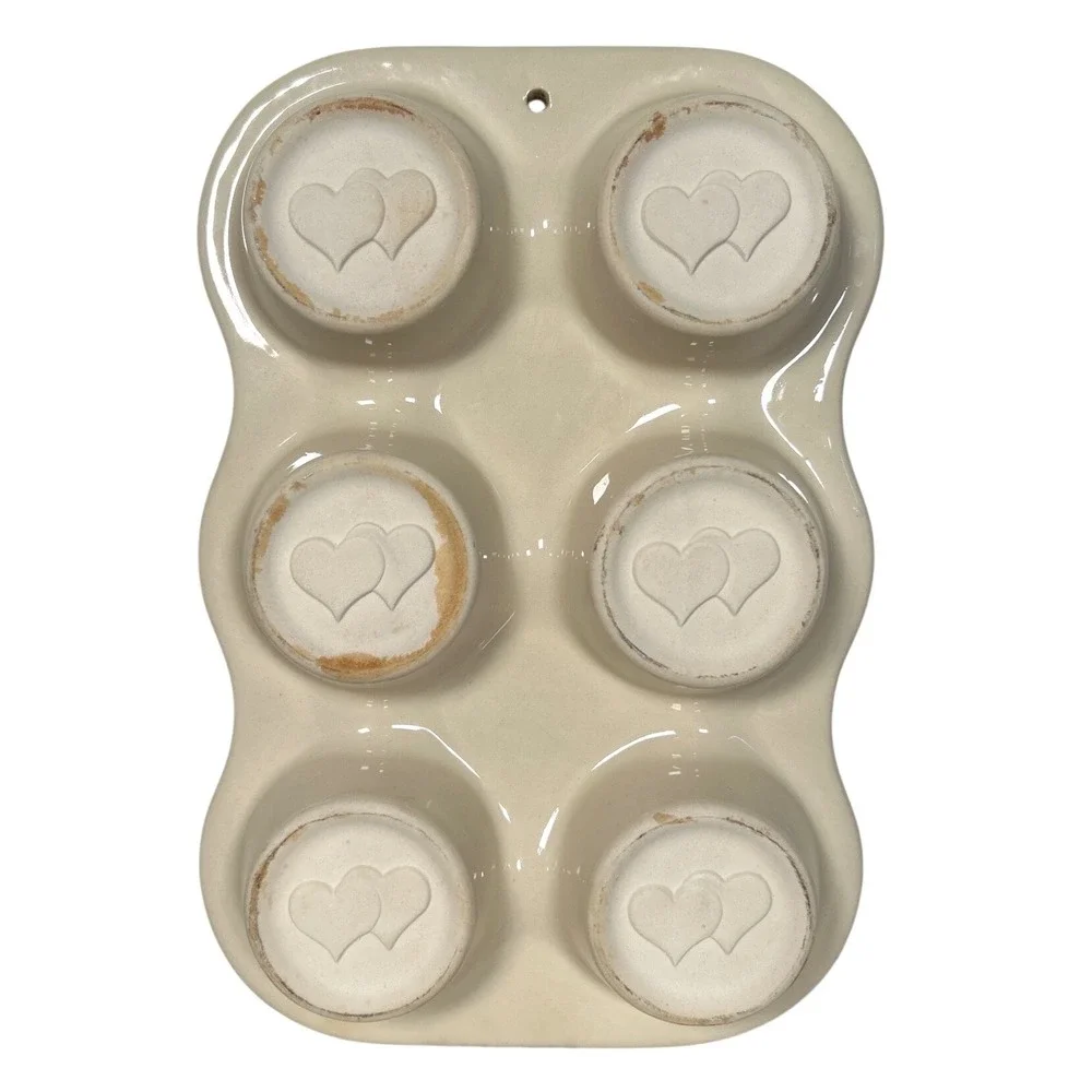 Friendship Pottery Blue Flower Cream Stoneware 6 Cup Muffin Pan Heart Wall Decor - Picture 4 of 5